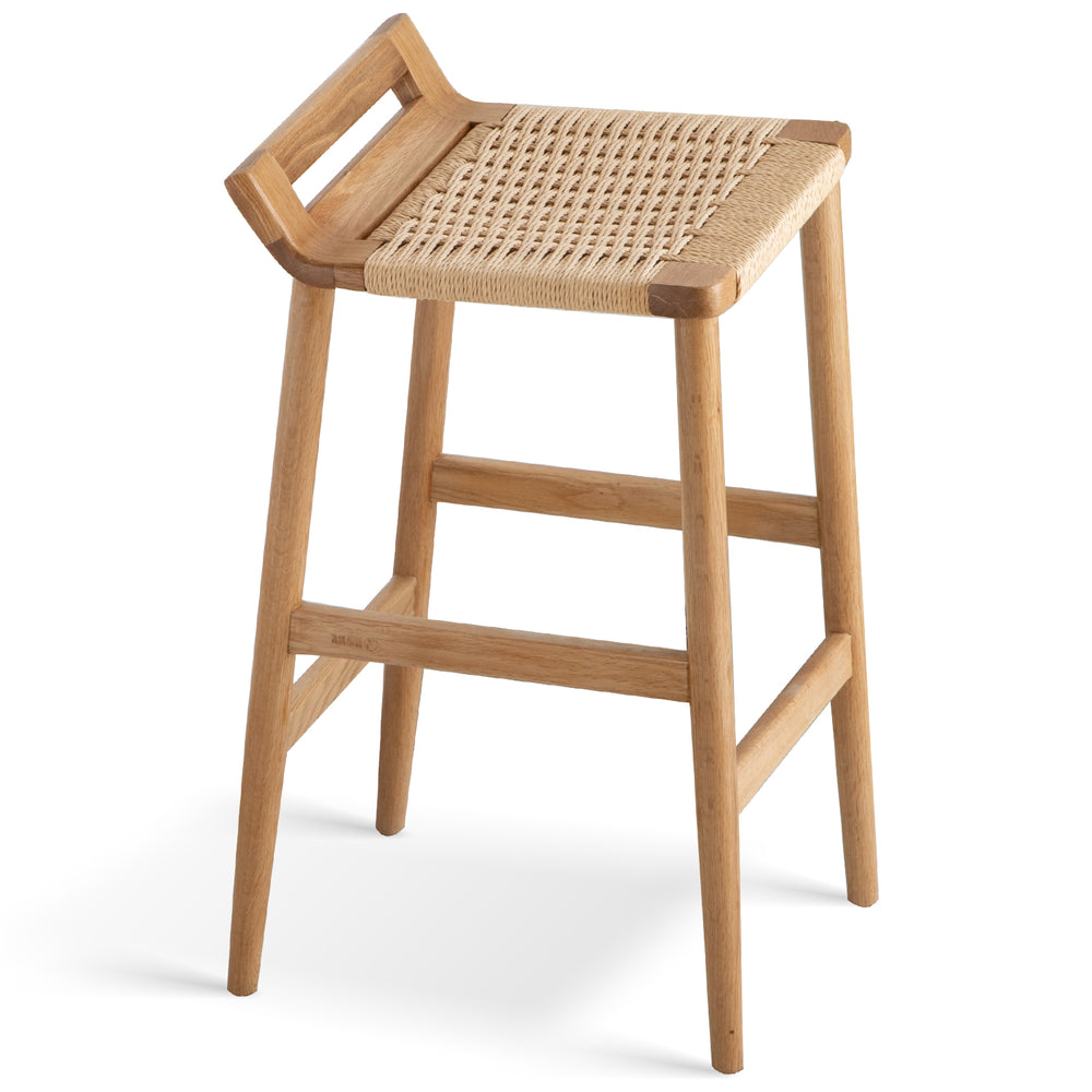 Scandinavian oak wood woven rope bar chair ora in white background.