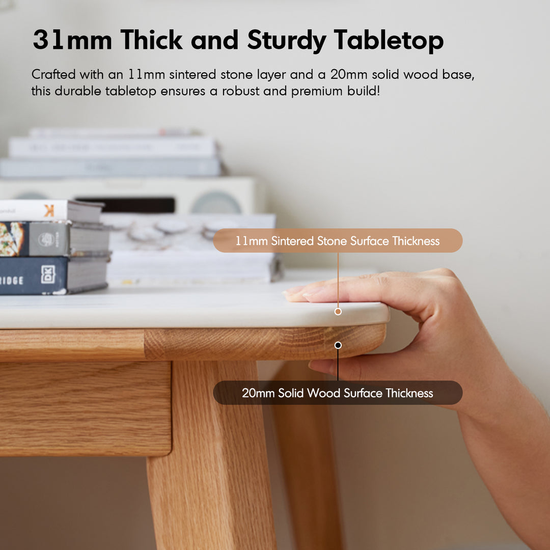 Scandinavian oak wood sintered stone dining table aura in still life.