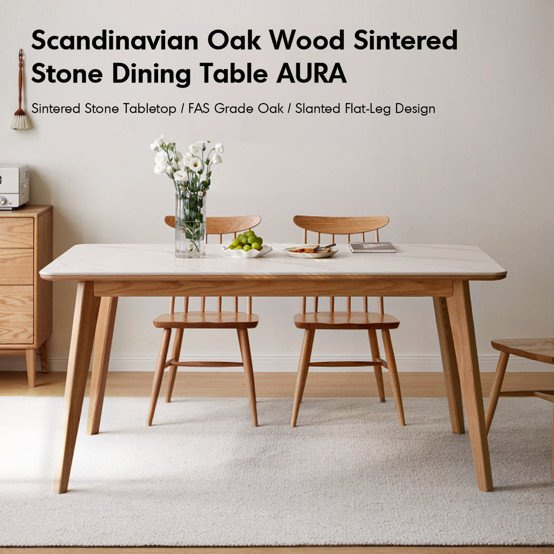 Scandinavian oak wood sintered stone dining table aura in real life style.