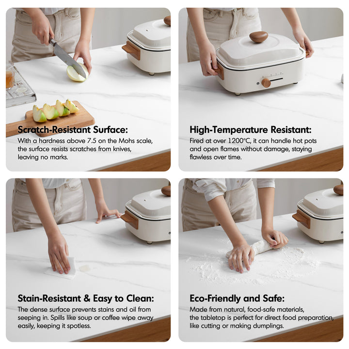 Scandinavian oak wood sintered stone dining table aura in close up details.