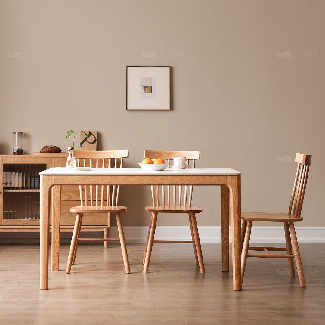 Scandinavian oak wood sintered stone dining table oaklin with context.