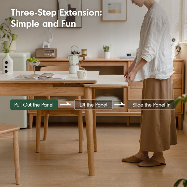 Scandinavian oak wood sintered stone extendable dining table flex in still life.