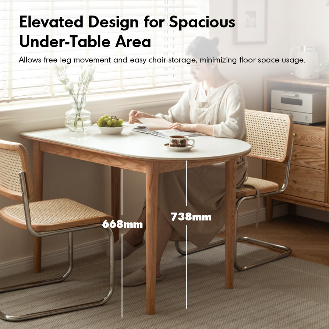 Scandinavian oak wood sintered stone half oval dining table halo detail 1.