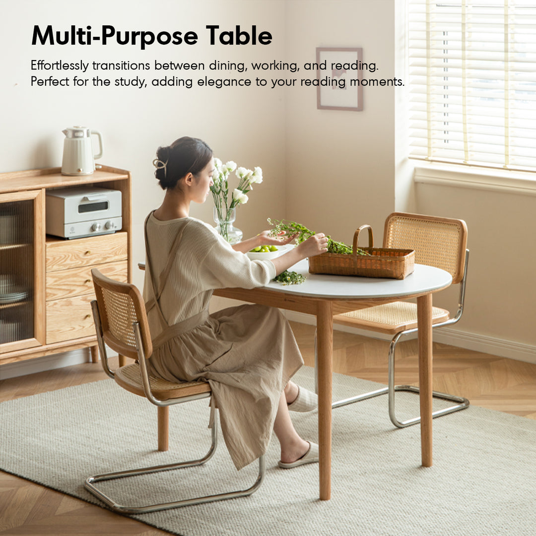 Scandinavian oak wood sintered stone half oval dining table halo detail 7.