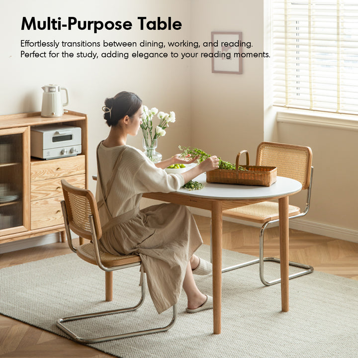 Scandinavian oak wood sintered stone half oval dining table halo detail 7.