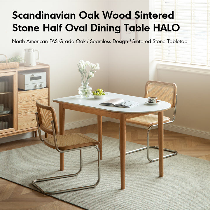 Scandinavian oak wood sintered stone half oval dining table halo in real life style.