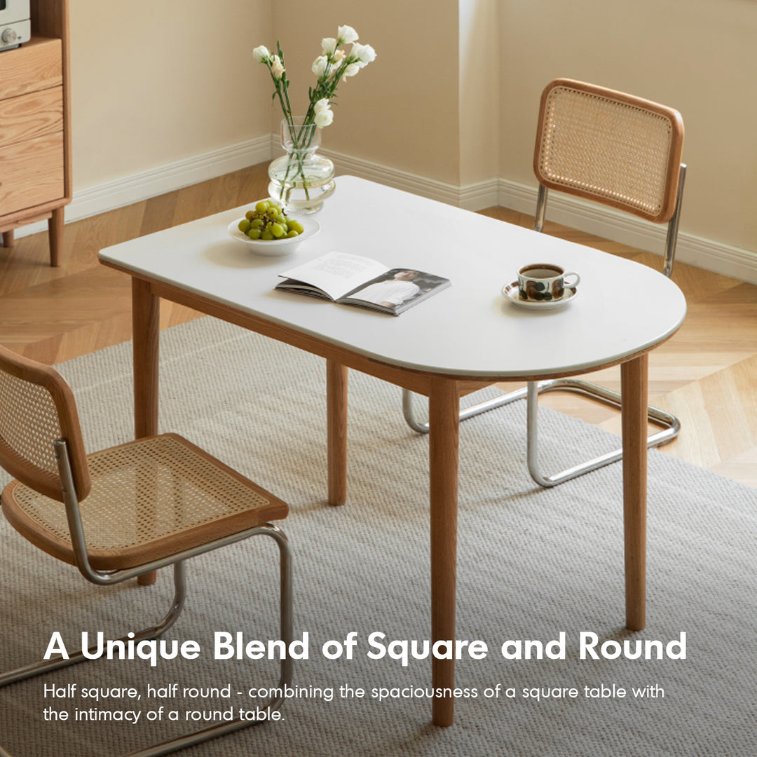 Scandinavian oak wood sintered stone half oval dining table halo with context.