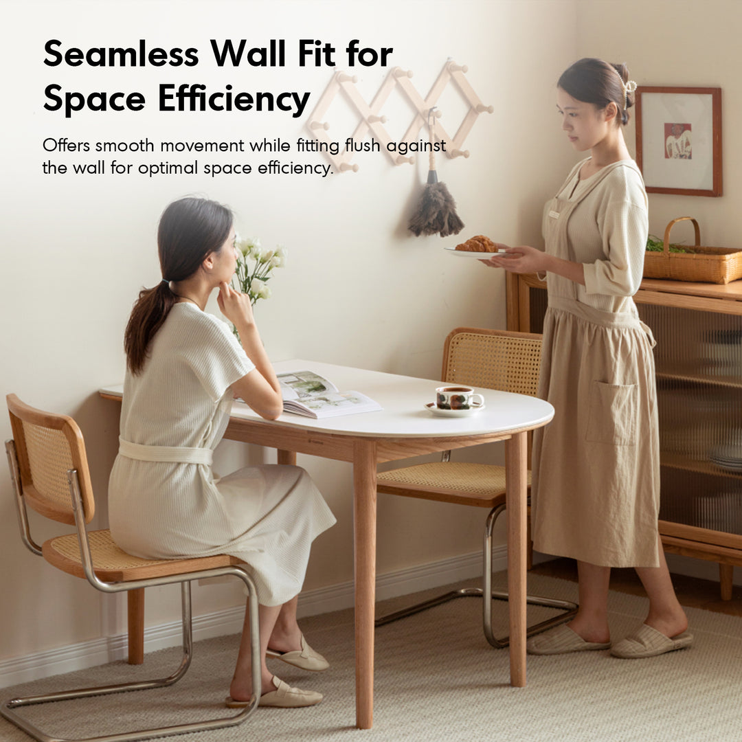 Scandinavian oak wood sintered stone half oval dining table halo in details.