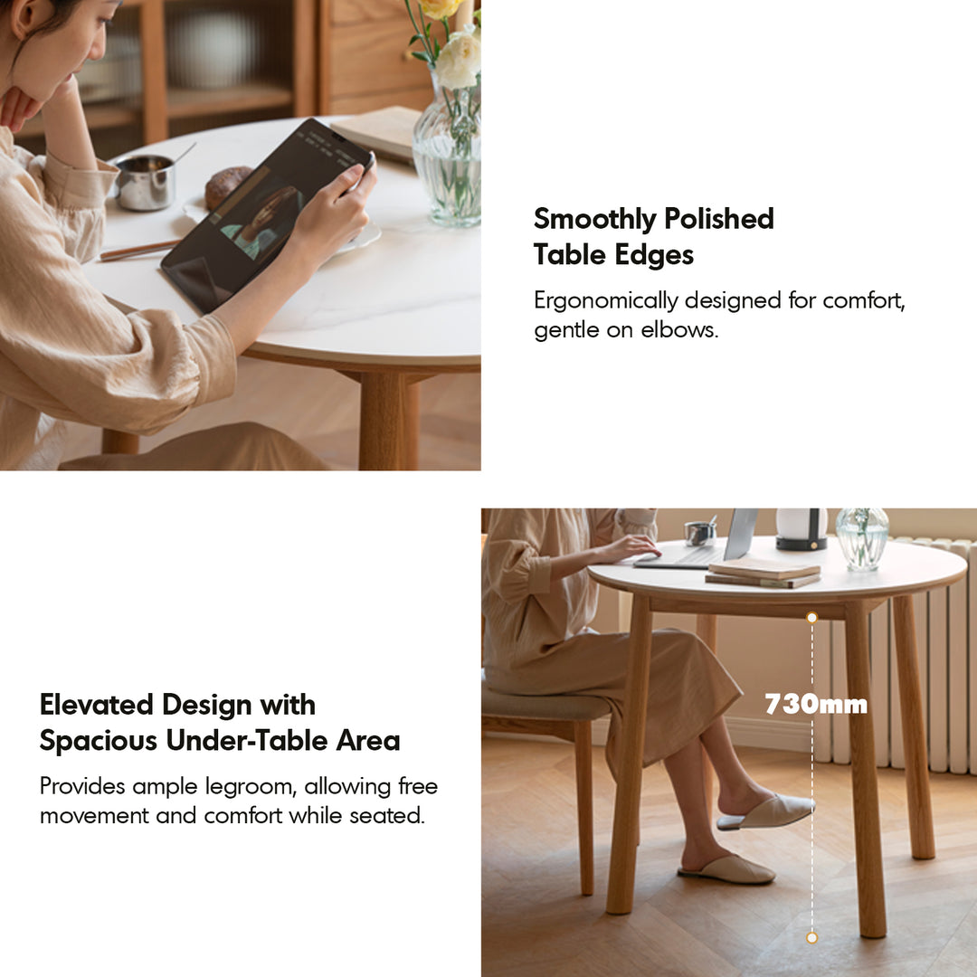 Scandinavian oak wood sintered stone round dining table orb detail 2.