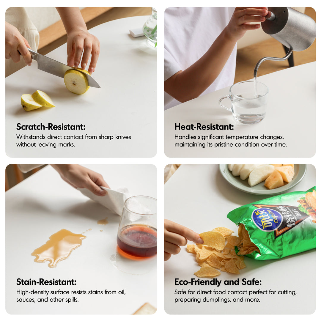 Scandinavian oak wood sintered stone round dining table orb in panoramic view.