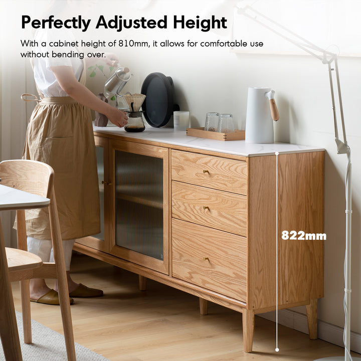 Scandinavian oak wood sintered stone storage side cabinet beam environmental situation.