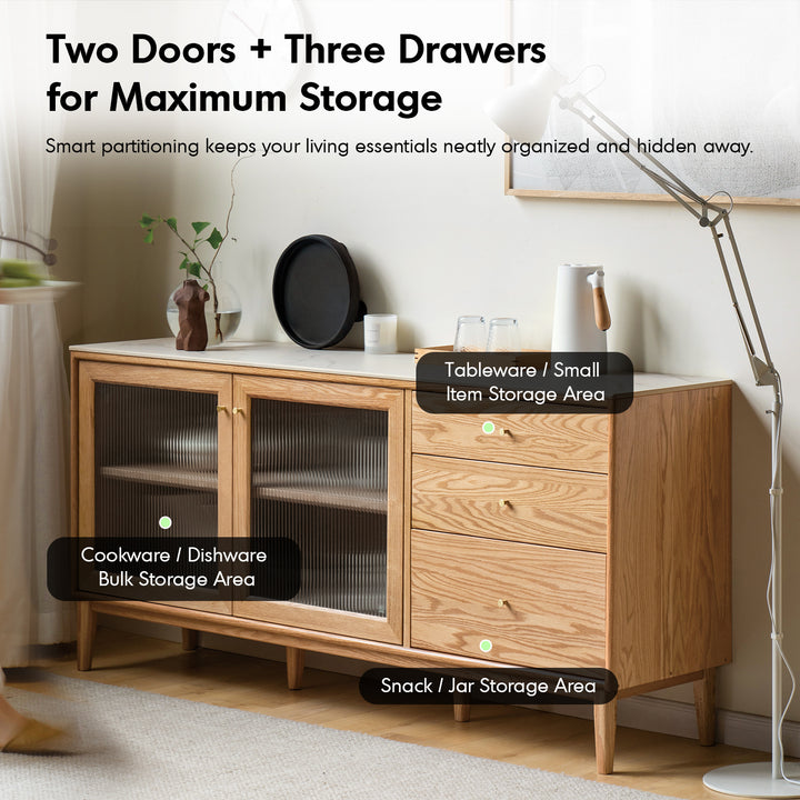 Scandinavian oak wood sintered stone storage side cabinet beam conceptual design.