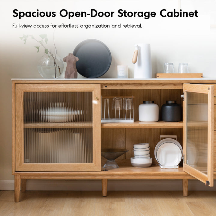 Scandinavian oak wood sintered stone storage side cabinet beam situational feels.