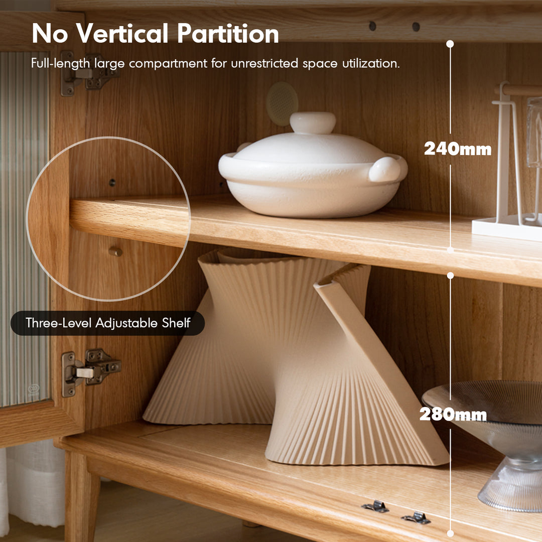 Scandinavian oak wood sintered stone storage side cabinet beam layered structure.