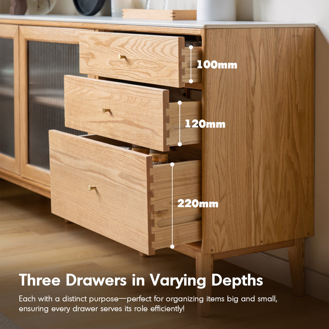 Scandinavian oak wood sintered stone storage side cabinet beam detail 2.