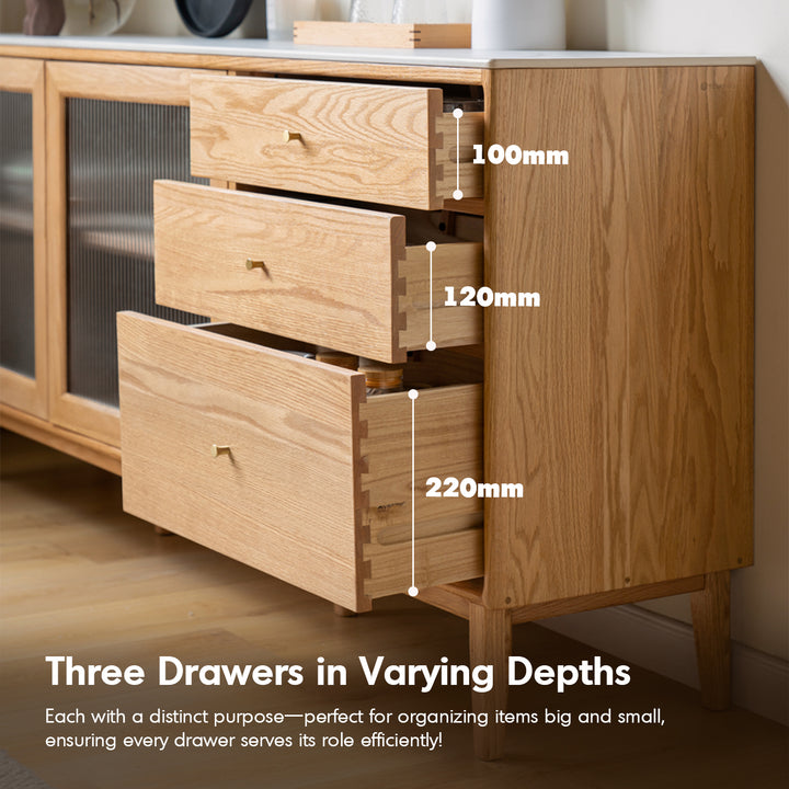 Scandinavian oak wood sintered stone storage side cabinet beam detail 2.