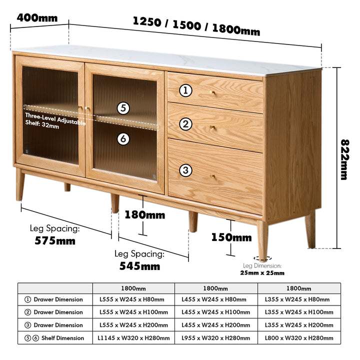 Scandinavian oak wood sintered stone storage side cabinet beam color swatches.