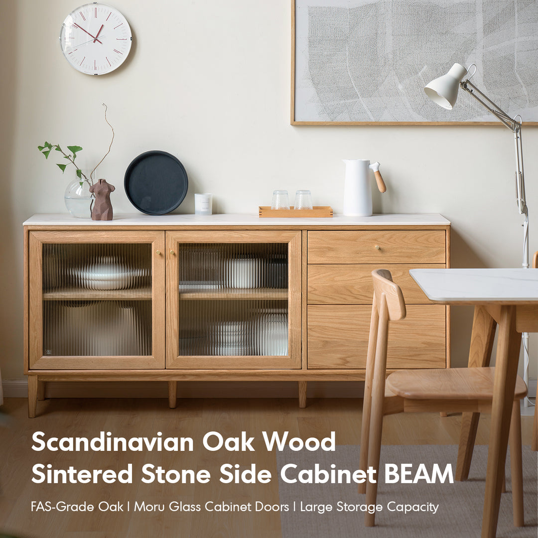 Scandinavian oak wood sintered stone storage side cabinet beam in details.