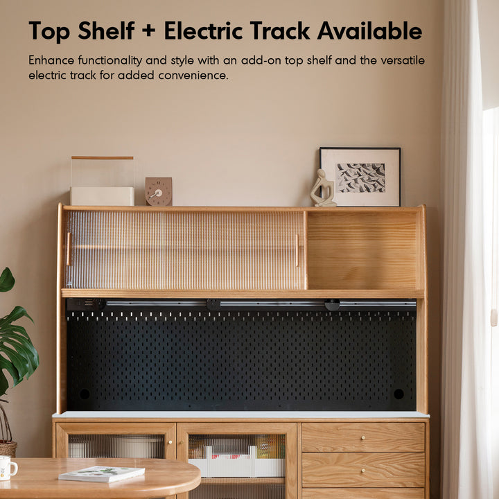 Scandinavian oak wood sintered stone storage side cabinet beam in close up details.