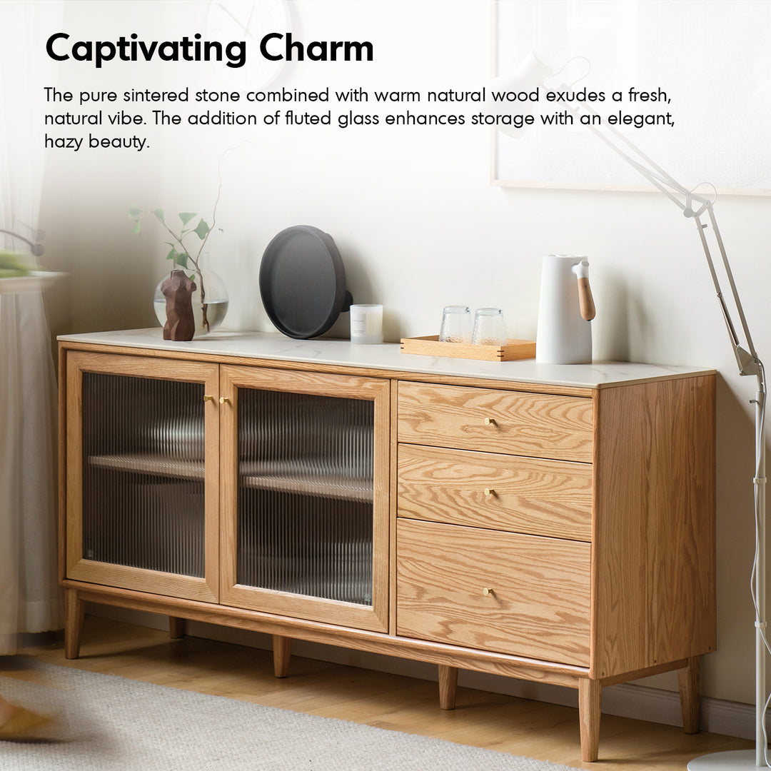 Scandinavian oak wood sintered stone storage side cabinet beam in panoramic view.