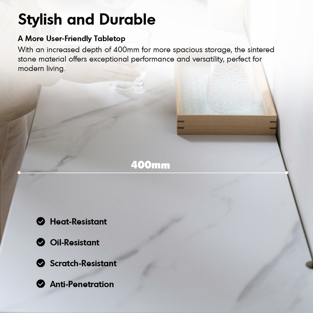 Scandinavian oak wood sintered stone storage side cabinet beam in still life.