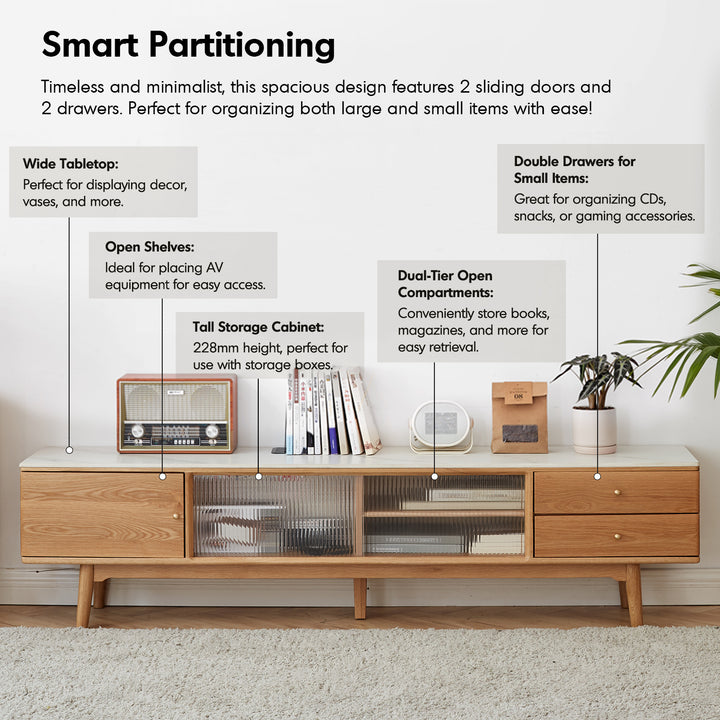 Scandinavian oak wood sintered stone tv console beam in still life.