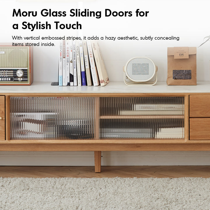 Scandinavian oak wood sintered stone tv console beam environmental situation.