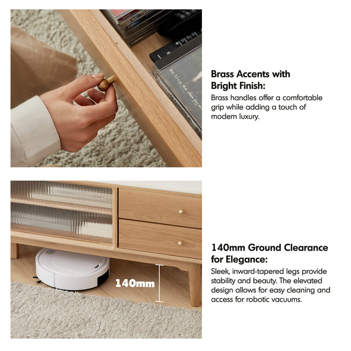 Scandinavian oak wood sintered stone tv console beam conceptual design.