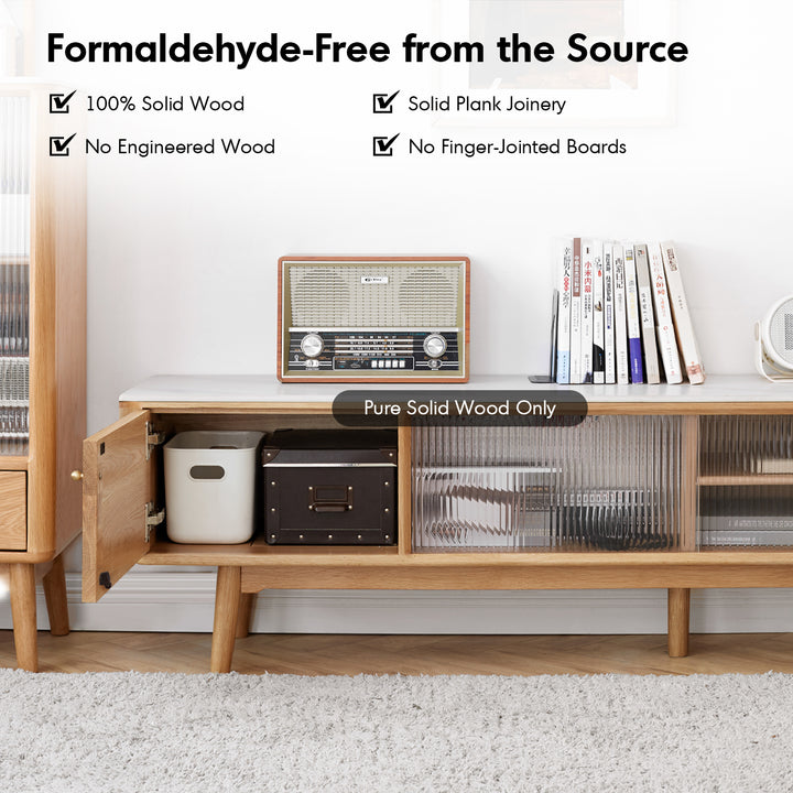 Scandinavian oak wood sintered stone tv console beam layered structure.