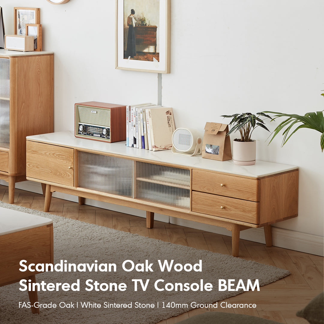 Scandinavian oak wood sintered stone tv console beam with context.