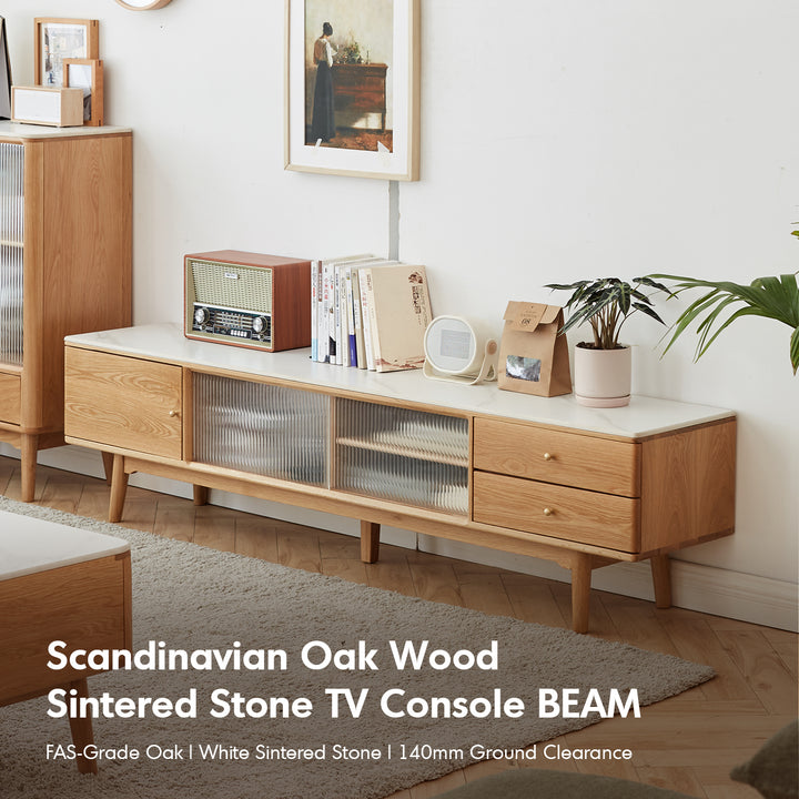 Scandinavian oak wood sintered stone tv console beam with context.