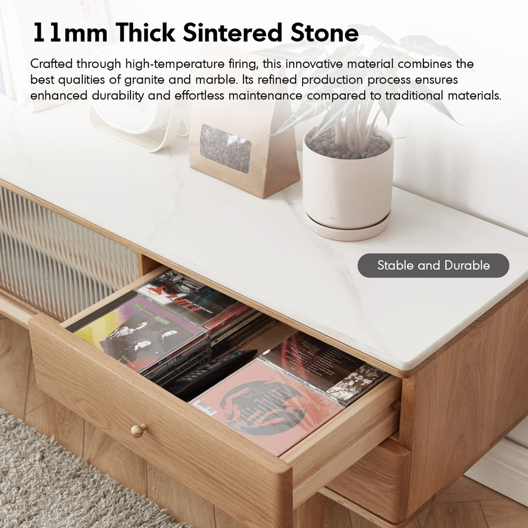 Scandinavian oak wood sintered stone tv console beam in close up details.