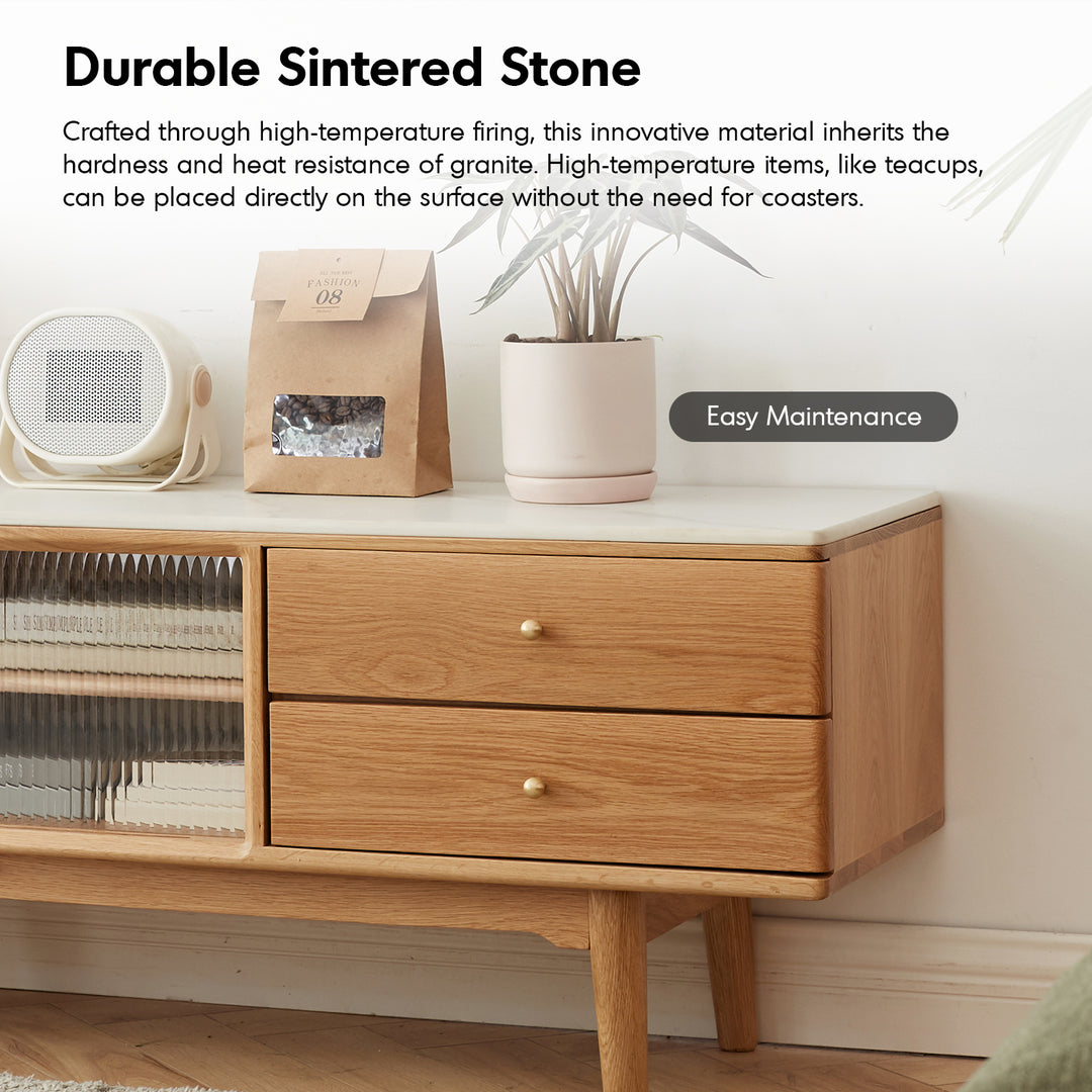 Scandinavian oak wood sintered stone tv console beam in panoramic view.