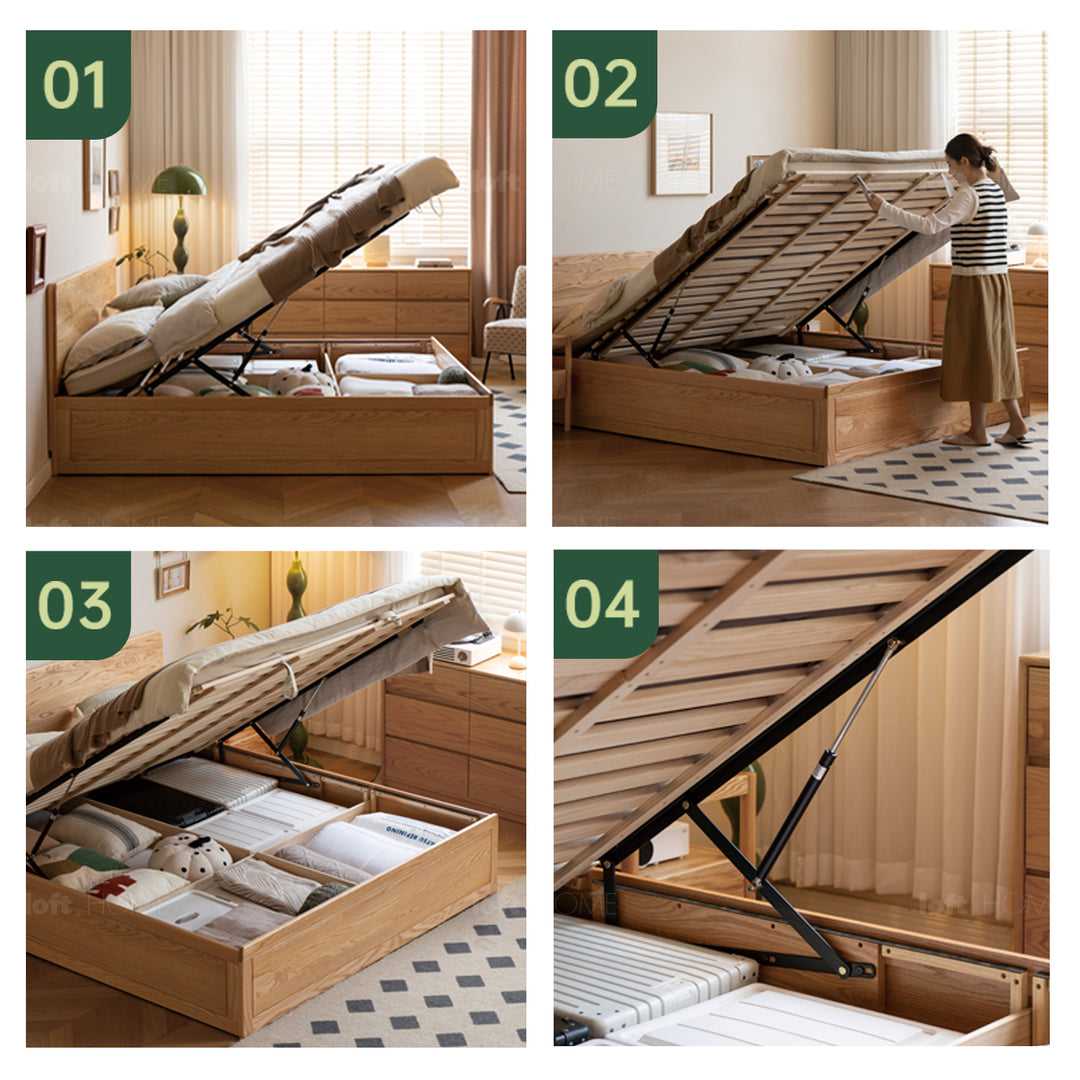 Scandinavian oak wood storage bed solace in close up details.