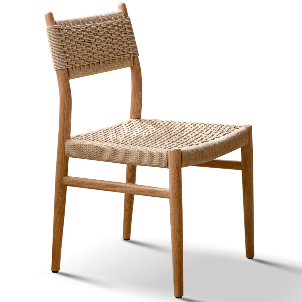 Scandinavian oak wood woven rope dining chair weave in white background.