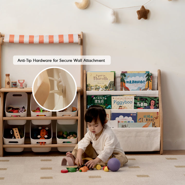 Scandinavian poplar wood kids bookshelf 4 layers luna in panoramic view.