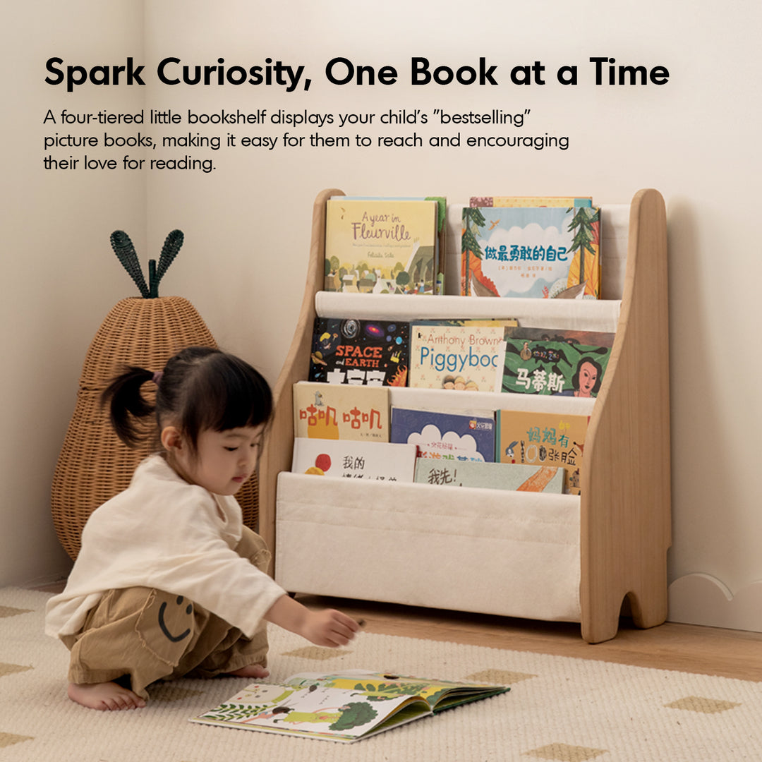 Scandinavian poplar wood kids bookshelf 4 layers luna material variants.