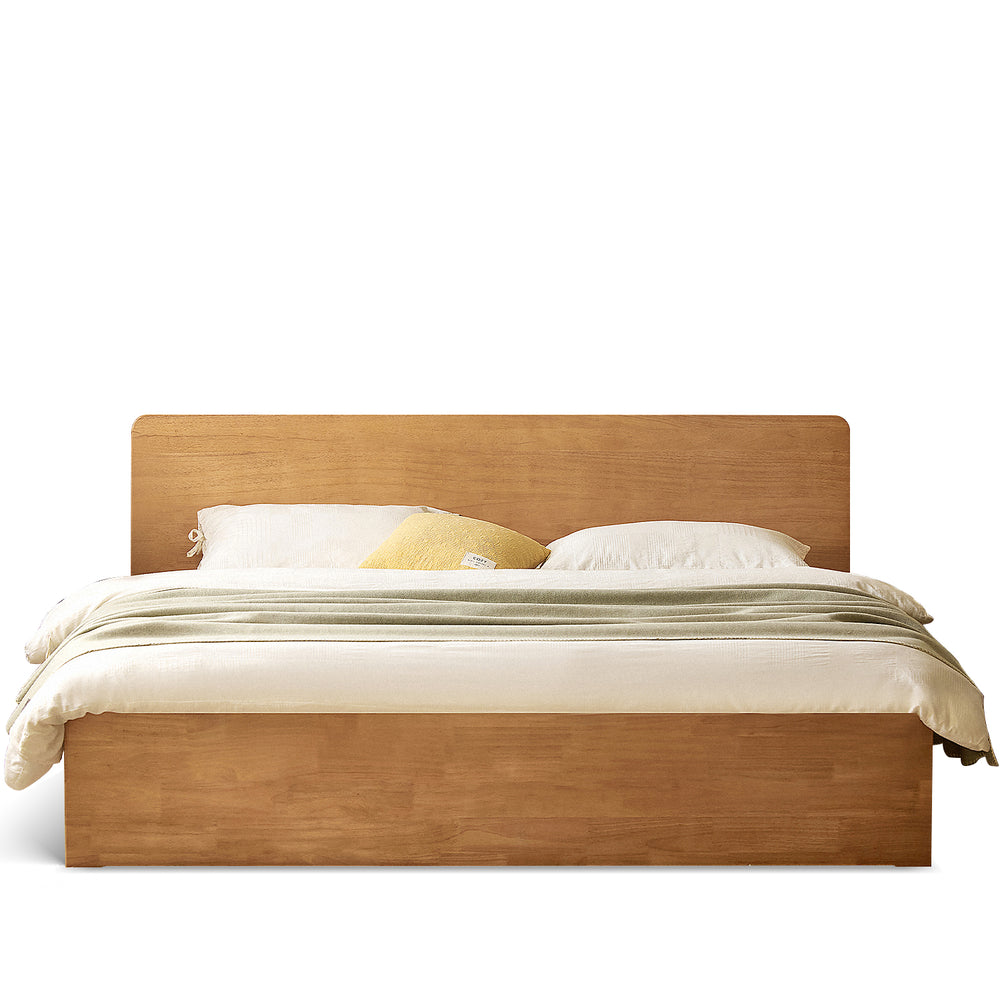 Scandinavian rubber wood storage bed base in white background.