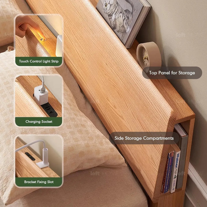 Scandinavian oak wood bed aperture in panoramic view.