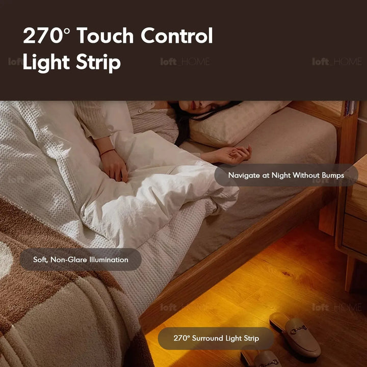 Scandinavian oak wood bed aperture in still life.