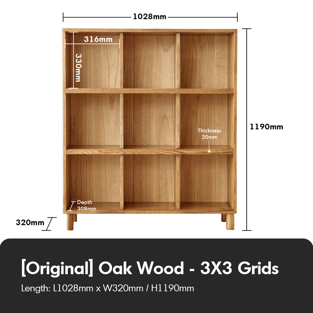 Scandinavian oak wood bookshelf gerin in details.
