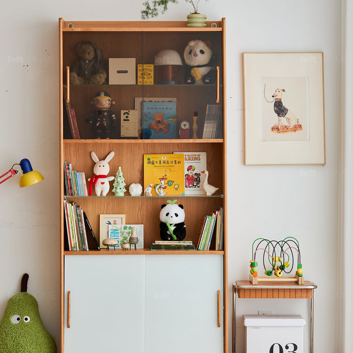 Scandinavian cherry wood bookshelf display cabinet timeless in still life.
