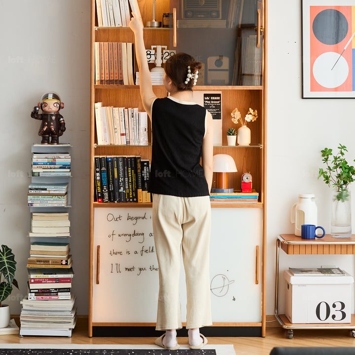 Scandinavian cherry wood bookshelf display cabinet timeless material variants.