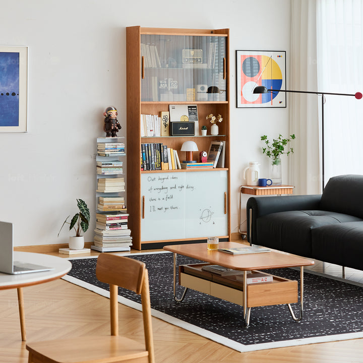 Scandinavian cherry wood bookshelf display cabinet timeless color swatches.
