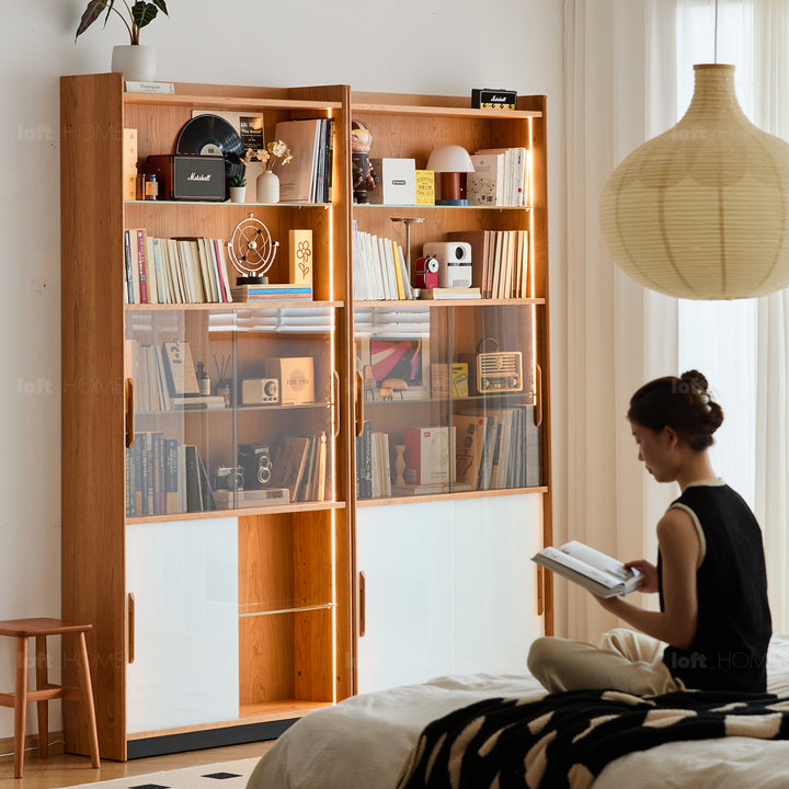 Scandinavian cherry wood bookshelf display cabinet timeless with context.