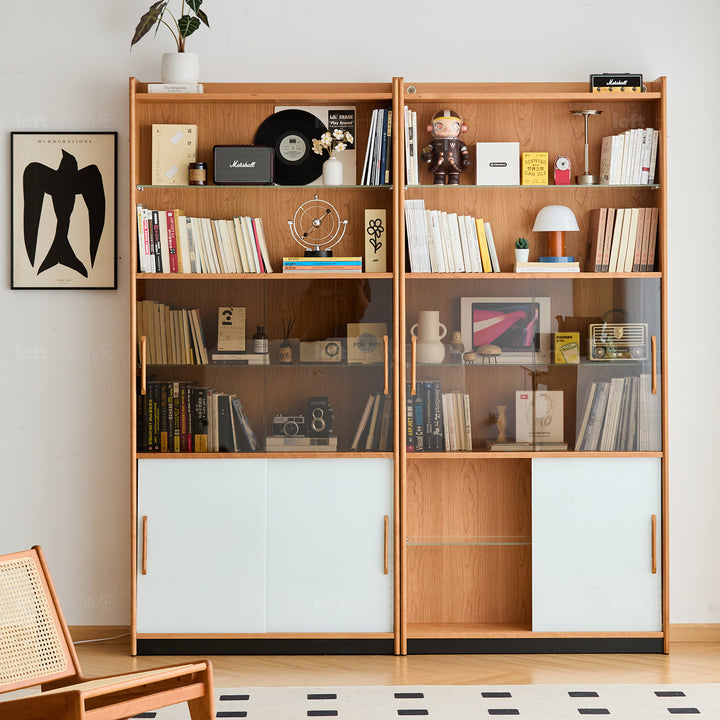 Scandinavian cherry wood bookshelf display cabinet timeless in details.