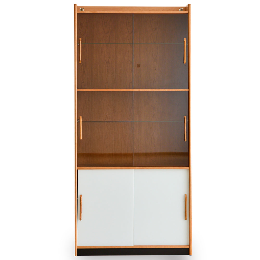 Scandinavian cherry wood bookshelf display cabinet timeless in white background.