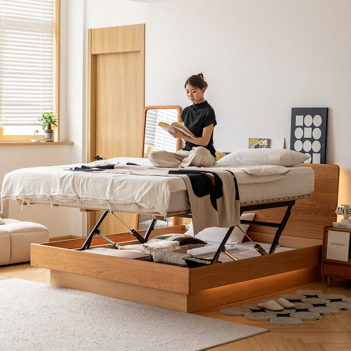 Scandinavian cherry wood electric lift-up storage bed coastal primary product view.