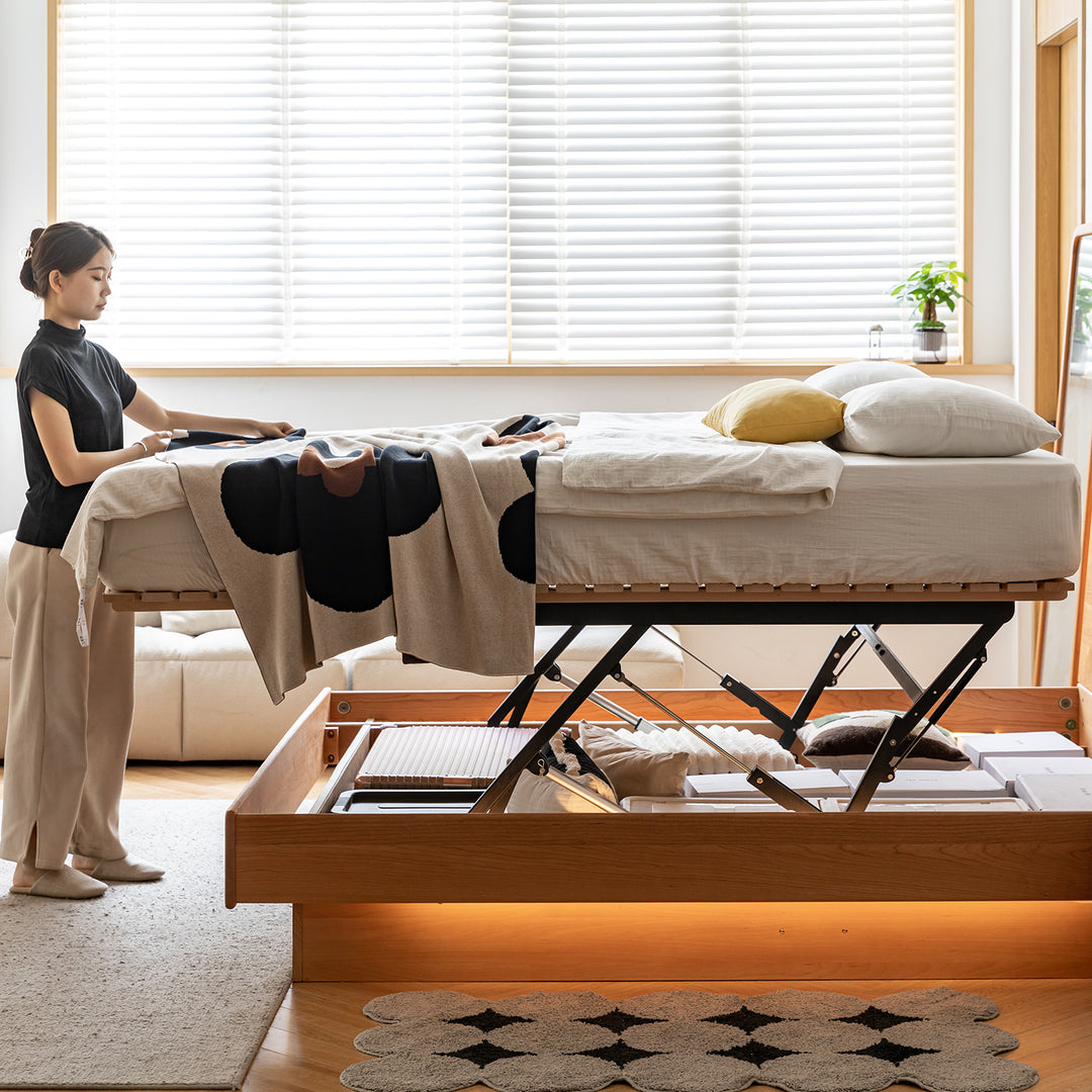 Scandinavian cherry wood electric lift-up storage bed coastal conceptual design.
