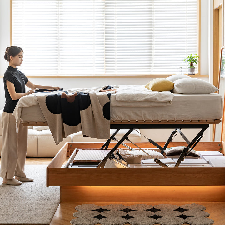 Scandinavian cherry wood electric lift-up storage bed coastal conceptual design.